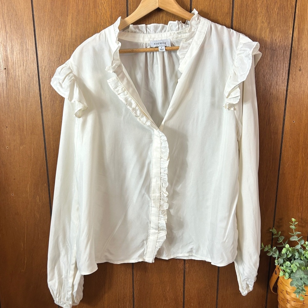 EVERVE Ruffle Neck Long Sleeve Button Up Blouse Cream Ivory Size L Career Office